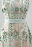 Dusty Sage Corset High Low A-Line Strapless Pearls Long Wedding Guest Dress with Appliques