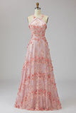 A-Line Pink Orange Tulle Halter Neck Appliqued Beaded Long Floral Dress