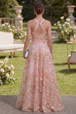 A-Line Pink Orange Tulle Halter Neck Appliqued Beaded Long Floral Dress