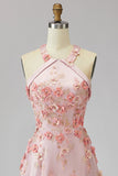 A-Line Pink Orange Tulle Halter Neck Appliqued Beaded Long Floral Dress