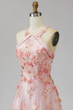 A-Line Pink Orange Tulle Halter Neck Appliqued Beaded Long Floral Dress