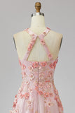 A-Line Pink Orange Tulle Halter Neck Appliqued Beaded Long Floral Dress