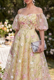 Light Yellow Puff Sleeves Floral Ruched A Line Midi Dress