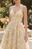 Light Yellow Corset Spaghetti Straps Floral A Line Midi Dress