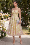 Light Yellow Floral Corset Spaghetti Straps A Line Midi Dress