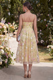 Light Yellow Floral Corset Spaghetti Straps A Line Midi Dress