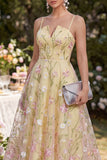 Light Yellow Floral Corset Spaghetti Straps A Line Midi Dress