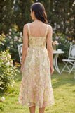 Square Neck Floral Light Yellow A Line Midi Dress