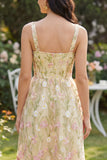 Square Neck Floral Light Yellow A Line Midi Dress