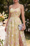 Light Yellow Spaghetti Straps A-Line Hollow Appliqued Maxi Floral with Slit