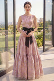 Blush Jacquard Boat Neck A Line Maxi Floral Dress with Bow