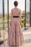 Blush Jacquard Boat Neck A Line Maxi Floral Dress with Bow