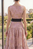 Blush Jacquard Boat Neck A Line Maxi Floral Dress with Bow
