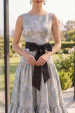 Blush Jacquard Boat Neck A Line Maxi Floral Dress with Bow