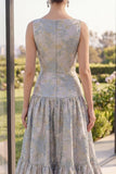 Blush Jacquard Boat Neck A Line Maxi Floral Dress with Bow