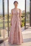 Blush Jacquard V Neck A Line Maxi Floral Dress with Slit