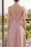 Blush Jacquard V Neck A Line Maxi Floral Dress with Slit