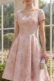 Blush A Line Floral V-Neck Jacquard Midi Dress with Short Sleeves