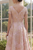 Blush A Line Floral V-Neck Jacquard Midi Dress with Short Sleeves