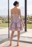 Dusty Lilac Basque Waist A Line Corset Jacquard Mini Floral Dress with Ruffles
