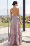 Dusty Lilac Jacquard V-Neck Backless A Line Maxi Floral Dress