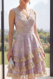 A Line Dusty Lilac Jacquard V-Neck Midi Floral Dress with Ruffles