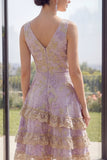 A Line Dusty Lilac Jacquard V-Neck Midi Floral Dress with Ruffles