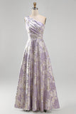 Dusty Lavender One Shoulder A-Line Ruched Jacquard Maxi Formal Dress