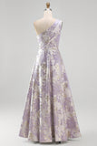 Dusty Lavender One Shoulder A-Line Ruched Jacquard Maxi Formal Dress