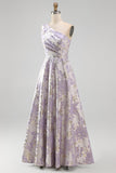Dusty Lavender One Shoulder A-Line Ruched Jacquard Maxi Formal Dress