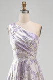 Dusty Lavender One Shoulder A-Line Ruched Jacquard Maxi Formal Dress