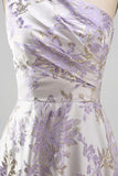 Dusty Lavender One Shoulder A-Line Ruched Jacquard Maxi Formal Dress