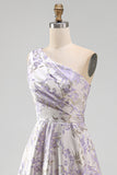 Dusty Lavender One Shoulder A-Line Ruched Jacquard Maxi Formal Dress