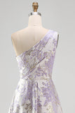 Dusty Lavender One Shoulder A-Line Ruched Jacquard Maxi Formal Dress