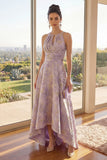 Dusty Lilac Ruched Keyhole Jacquard A Line High Low Floral Dress