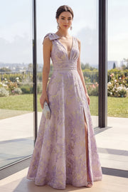 Dusty Lilac Ruched Jacquard A Line V-Neck Floral Maxi Dress with Slit