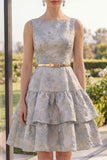 Dusty Blue A Line Boat Neck Ruffled Jacquard Midi Floral Dress with Belt