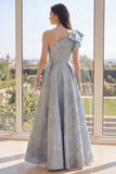 Dusty Blue A Line Jacquard One Shoulder Maxi Floral Dress with Bow