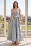 Dusty Blue Floral Jacquard Long A Line Maxi Dress with Bow