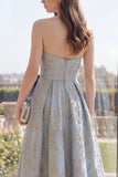 Dusty Blue Floral Jacquard Long A Line Maxi Dress with Bow