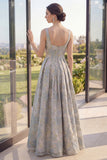 A Line Dusty Blue Floral Thick Straps Jacquard Maxi Dress