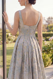 A Line Dusty Blue Floral Thick Straps Jacquard Maxi Dress