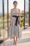 Dusty Blue Jacquard Asymmetrical V-Neck Floral Midi Dress with Bow