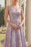 Dusty Lilac Floral Thick Straps Jacquard Maxi A Line Midi Dress