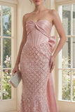 Blush Mermaid Sequin Strapless Corset Maxi Dress with Bow