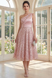 Sparkly One Shoulder Blush A Line Bowed Midi Dress