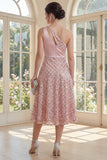 Sparkly One Shoulder Blush A Line Bowed Midi Dress