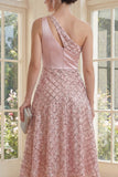 Sparkly One Shoulder Blush A Line Bowed Midi Dress