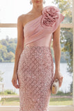 Sparkly One Shoulder Blush Bodycon Midi Dress