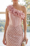 Sparkly One Shoulder Blush Bodycon Mini Dress with 3D Flower